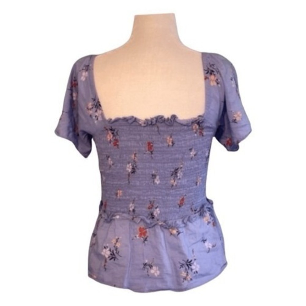 Madewell Blue Aloha Floral Print Top Smocked Flutter Sleeve Cropped XXS - Picture 4 of 9